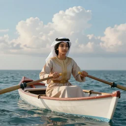 beautiful Arabian girl rowing a boat in the middle of sea, dreamy fluffy clouds, 4k, fully detailed