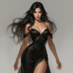 a highly detailed illustration of beautiful tan space goddess wearing black dress, dramatic seductive pose, intricate, elegant, perfect face, perfect curvaceous body, highly detailed, centered, digital painting, artstation, concept art, smooth, sharp focus, league of legends concept art, wlop.