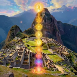 spiritual chakra energies in the ruins of machu pichu, aztec gold, dreamy sky, olive fields in the distance, very colorful painting 8 k trending on art station, intricate superb details, digital art, cinematic lighting, volumetric lighting, photographic, blur bokeh defocus dof sky by afremov, award winning masterpiece.