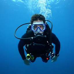 scuba diver wearing a gasmask underwater