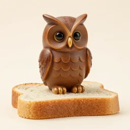 A brown statuette of an owl on a piece of bread. solid Background.