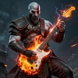 kratos shredding on a flaming stratocaster guitar, cinematic render, god of war 2 0 1 8, santa monica studio official media, lightning, spartan rage, head turned
