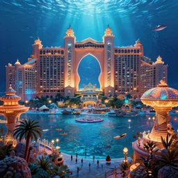 digital art, royal atlantis festive underwater palace with a lot of lights and people