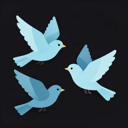 matchbox vintage illustration of two light blue birds flying over a dark background, vector style