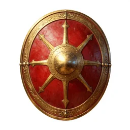 hyper detailed legendary roman shield, red and gold, ornated, concept design, by greg rutkowski and unreal engine 5, white cross logo in the middle!!!