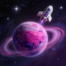 magenta amethyst planet with falling spaceship above, 🌌, sparkling stars, kaleidoscopic, 8k,  high detail, wide shot