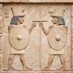 ancient mezoamerican wall art depicting men with shields, geometric