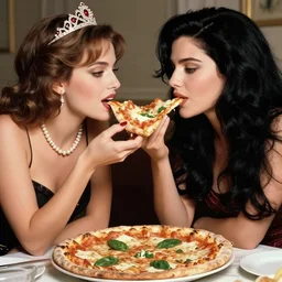 a highly detailed photo of two young beautiful women sitting at a long take sharing a pizza margherita, queen margherita of savoy with tiara and pearl necklace, and sophia loren with black flowing hair, smooth lighting, masterpiece, timeless, photography by letizia battaglia