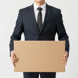 man wearing a suit holding up a cardboard sign