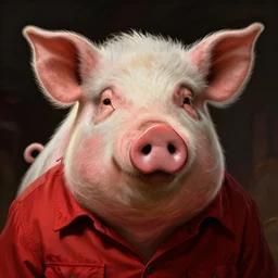 portrait of a half man half pig with red shirt ,digital art,photorealistoc,art by greg rutkowski,hyperdetailed,western comic style,comic,comic style,sharp lineart,professional lighting,deviantart,artstation,trevor henderson,rossdtaws,cinematic,dramatic