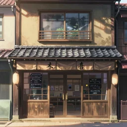 front view of a japanese storefront, screenshot in the beautiful anime film by makoto shinkai and studio ghibli