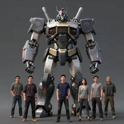 a group of people standing next to a giant robot, a detailed matte painting by wang yuan, cgsociety, sots art, matte painting, rendered in unreal engine, concept art