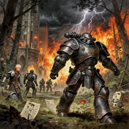 runs away from men on the city and forest, composition gothic and futuristic, warhammer, cyber japan armor, more scars, fire storm, thunderstorm, the middle ages, highly detailed, artstation, moebius, jugendstil and classic japanese print, art rene magritte and robert mccall