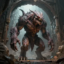 hyper realistic 3 d render of a giant creature in a hell gate portal, substance designer, sharp focus, subsurface scattering, volumetric lighting, octane render, unreal engine, trending on artstation, zbrush, creature concept art