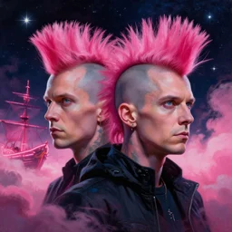 beautiful clear faces by tom bagshaw, portrait big dark punk, pink, mohawk, arcteryx, by rolf armstrong, space, hyperdetailed illustration, stars, neon, oil painting, rich deep colors masterpiece, ultra detailed, contrast, heaven pink, clouds, volumetric light, atmospheric lighting, pirate neon ship, dramatic, cinematic, moody, octane render 4 k, 8 k
