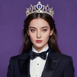an elegant woman wearing a crown and a bow tie, long hair, wearing a tuxedo, purple background, very beautiful, artstation, high quality, sharp, hyperrealistic, dramatic lighting, thick brush strokes, by greg rutkowski, by artgerm, by alphonse mucha
