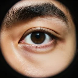fish eye of a man side eyeing the camera, photograph, close up, eye very close to the camera