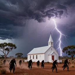 massive australian thunderstorm with lightning around a small white wooden church in the outback. a multitude of demons are approaching the church.