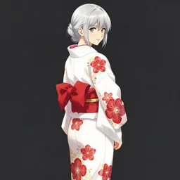 beautiful girl, silver hair, white kimono with complex red flower patterns, full body shot from back, looking to camera, showing shoulder, ilustration by Takehiko Inoue ((and Krenz Cushart))