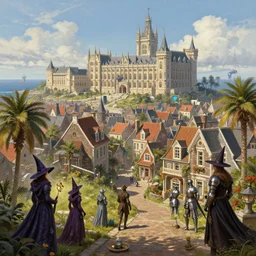 a coastal magical town with witches and knights and a grand university of magic and technology visible in the distance, sunny weather, inspired by victorian england and amsterdam, palm trees, highly detailed, intricate, digital painting, trending on artstation, concept art, matte painting, art by greg rutkwowski, craig mullins, octane render, 8 k, unreal engine
