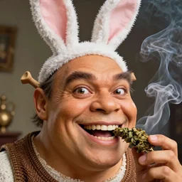 hyper realistic, close up portrait of a derpy mr. bean, big chungus, with bunny ears, shrek skin, smoking massive amounts of weed, big smile, buck teeth, by greg rutkowski, scott m fischer, artgerm, loish, slight glow, atmospheric, anne stokes, alexandros pyromallis, 4 k, 8 k