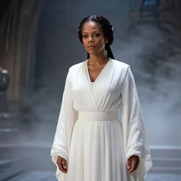 film still of oprah as princess leia in star wars movie, long braided hair pulled back, wearing long white robe in a sith temple, deep focus, glamour pose, dramatic lighting, octane, mist, steve mccurry, volumetric lighting, 8 k