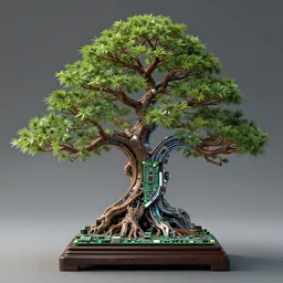 a detailed cybernetic symbiosis bonsai tree made of motherboards, by sparth and jeff simpson and james oughtibridge, famous hyperrealism artists, unreal engine, tree of life, bonsai