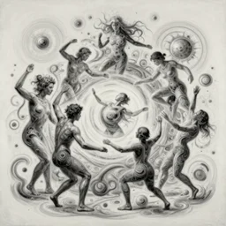 a beautiful and chaotic poetic painting with almost quantum details of alchemy to make eternal an instant that transforms into beings and forms that mutate while dancing in a ritual of cosmic elevation, hydrodipped, carved lacquer, fretwork, colorful, rainbow, soft lighting, refractive