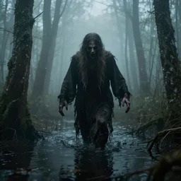 photo of a mystical figure sneaking through a swamp in the fog, cinematic lighting, highly detailed, horror