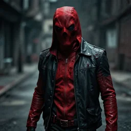 red hood cosplay, creepy, disturbing, bloody, darkness, grainy, urban