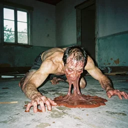 disposable camera, flash, pov, old abandoned house, human male creature, crawling, meat, ooze, slime, veins, wet, photorealistic, vintage photography