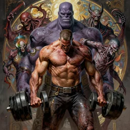 the platonic ideal of pumping iron of cletus kasady ultimate carnage thanos dementor doctor manhattan chtulu nazgul, detailed, intricate, hyperrealism, intense, scary, decay, dmt, art by brock hofer and artgerm and greg rutkowski and alphonse mucha