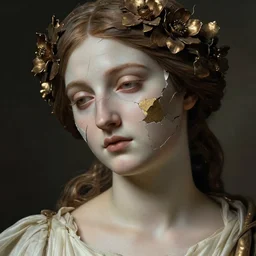 hyperrealism close - up mythological portrait of a beautiful medieval woman's shattered face partially made of bronze color flowers in style of classicism using the fibonacci golden ratio, pale skin, wearing ivory colour dress, dark and dull palette