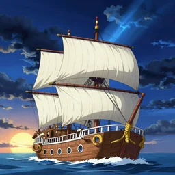 one piece ship sailing, dark blue storm sky, sun sunset, with blue light piercing through clouds, makoto shinkai, royal blue colors, lighting refraction, volumetric lighting, pixiv art, highly detailed, anime art, symmetrical, wlop, anime art