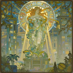 neoclassical cyberpunk metropolis, being covered by nature, god beams, high quality, style of Alphonse Mucha