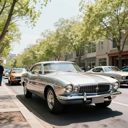 low angle wide shot, street scene, retro futuristic vintage shiny polished traffic mainly cars and motorcycles, volumetric lighting, beautiful, day time, spring, sunny weather, sharp focus, highly detailed, photorealistic, 4 0 0 0 k, f 1. 4, cgsociety