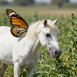 a unicorn with butterfly wings eating in a field of marijuana eating, wildlife photography, 8 k, highly detailed