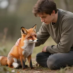 cozy artwork of a man petting his pet fox, beautiful lighting, highly detailed digital art, soft colours