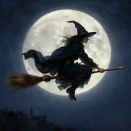 witch flying riding a broom, trough the night, fantasy, full moon in background. highly detailed painting by gaston bussiere, craig mullins, j. c. leyendecker 8 k
