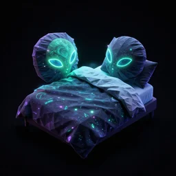 isometric bed with alien aesthetic and biolumnescent neon type dark light all in a black background behance lowpoly alien pilow