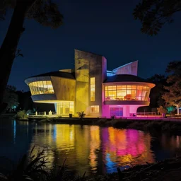 architecture by robert venturi, at night dramatic lighting thermal imaging lake darkacademia sunlight studio ghibli neon noir magic realism reclaimed by nature hyperrealism, archdaily, wallpaper, highly detailed, trending on artstation.