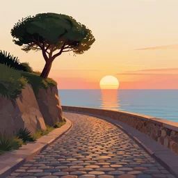 a lonely cobblestone street with a tree on a cliff over the sea at sunset, vector art illustration