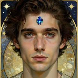 close up portrait, man with a gem embeded on his forehead,, stars and night background, ornate alphonse mucha, rhads, ross tran, artstation, artgerm, octane render, 1 6 k