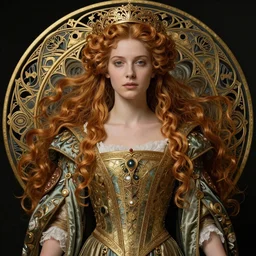 beautiful young medieval queen portrait by magali villeneuve, iris van herpen, jean delville, james jean, feminine, visionary, symbolist, ornate garments, beautifully lit, art nouveau flowing hair