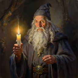 an old wizard with a candle, by greg rutkowski e thomas kinkade, fantasy, d & d, very detailed, high definition, realistic painting, character design, trending on artstation