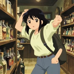 flat shading, anime frames, portrait of a young female traveler in a alchemist's potion shop interior shopping, cute face by ilya kuvshinov and yoshinari yoh, mucha, moody, dynamic perspective pose, lomography, hdr, katsura masakazu, detailed facial features