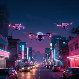 3 d vfx art of flying drones circling above - a neon lit - lagos urban street - in nigeria, cinestill 8 0 0 t photograph, illustration in the style by philippe bouchet, unreal engine render