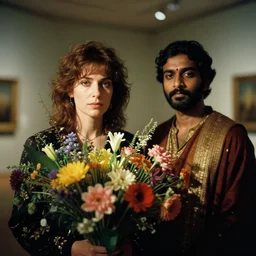 a fine art portrait of a guy with flowers by annie leibovitz and raja ravi varma, cinematic lighting, atmospheric light, flowers, bokeh, museum of modern art