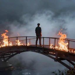 a man standing on a burning bridge, artstation, jakub rozalski, high detail, dramatic lighting, night, fog