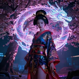 a cyberpunk geisha, bioluminecent cherry trees, dragon motif, apocalyptic, volumetric illumination, 8 k